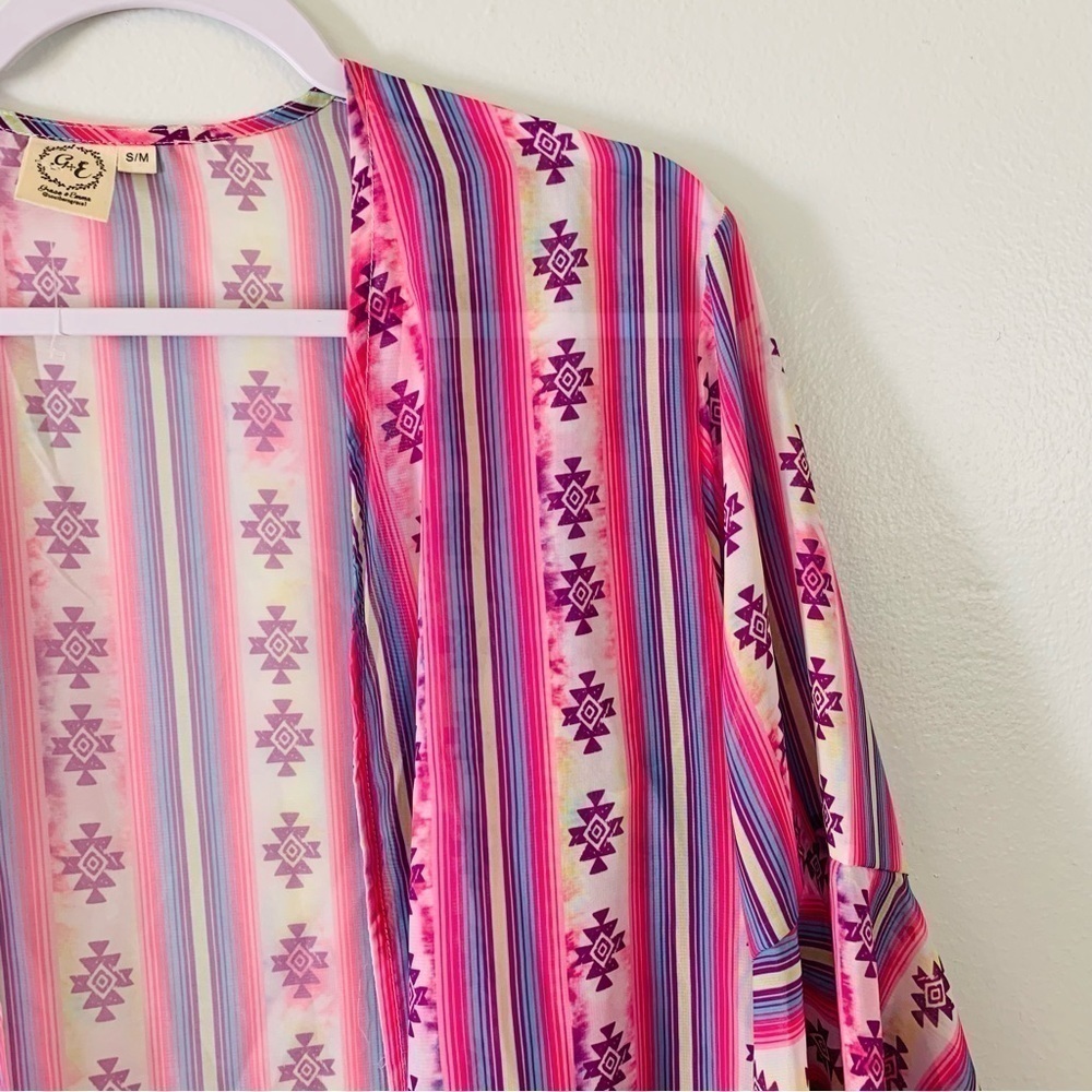 𝅺Southern Grace Headin’ South Sheer Aztec Tie Dye Kimono Size Small
